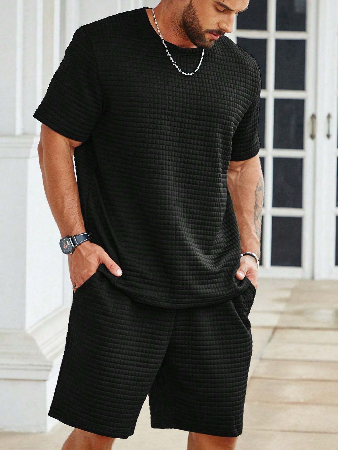 Solid Colored Tee And Drawstring Shorts-Vacay Outfit