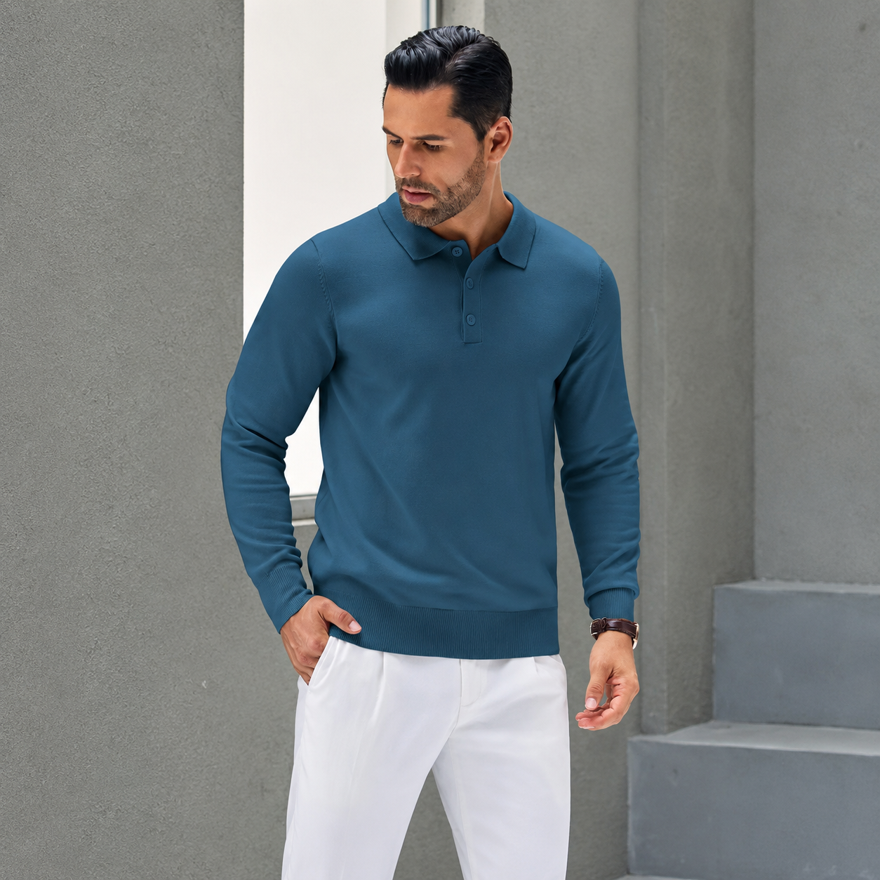 Long Sleeve Front Buttoned Knit Polo Shirt For Men