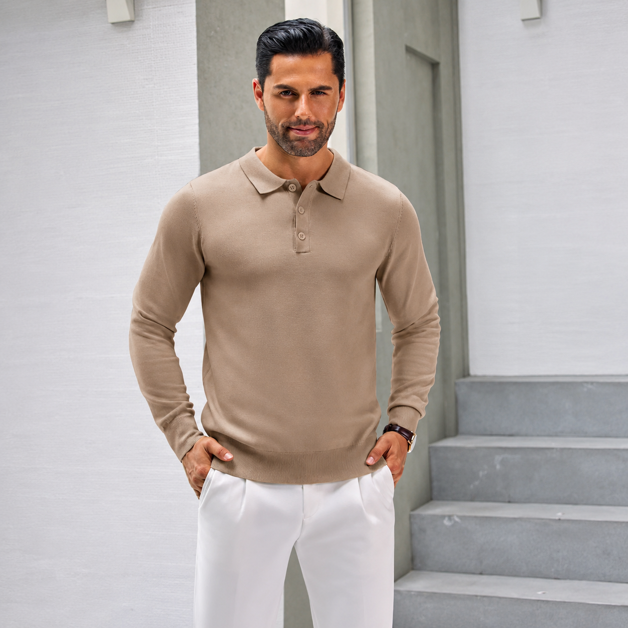 Long Sleeve Front Buttoned Knit Polo Shirt For Men