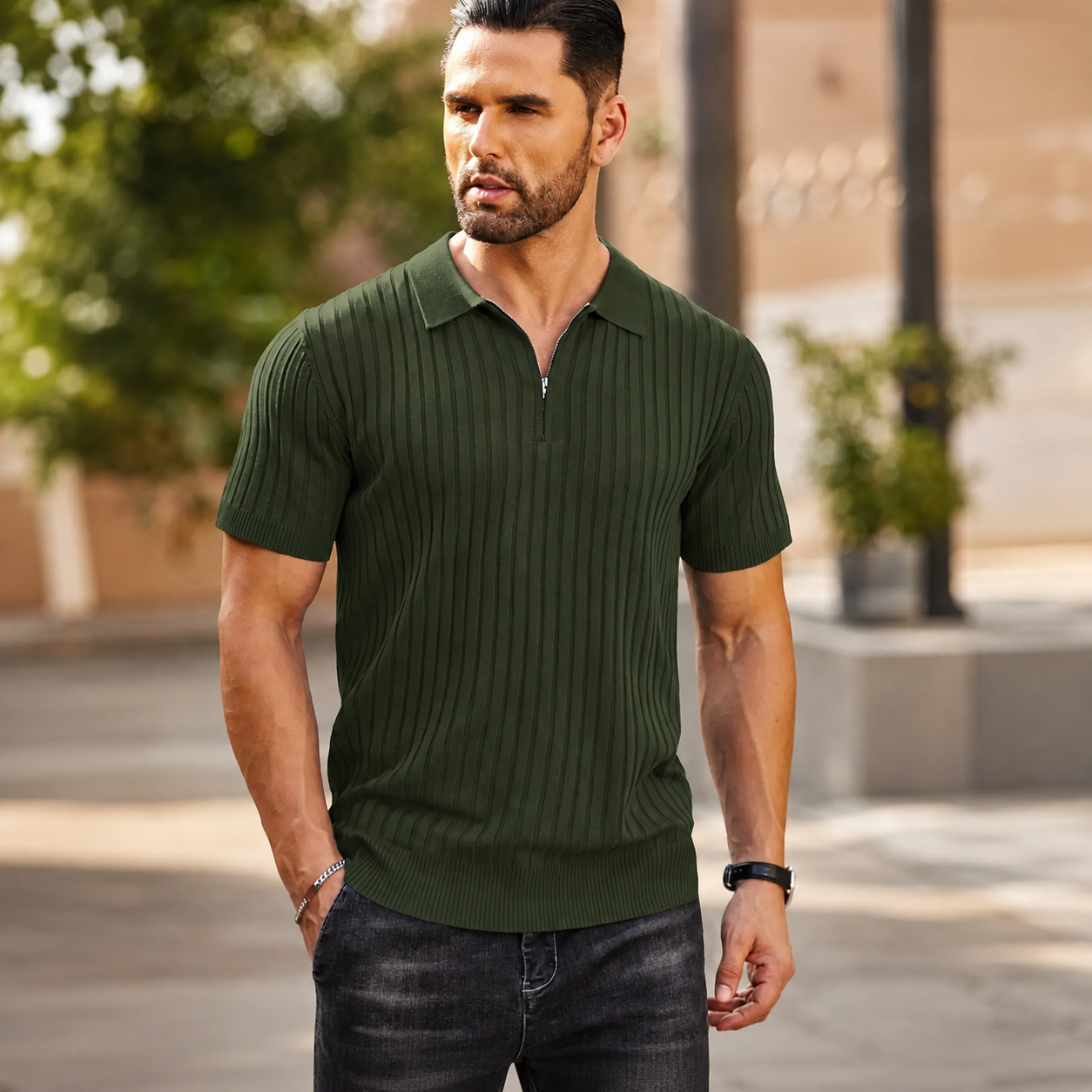 Zipper Ribbed Knit Short Sleeve Polo Shirt For Men