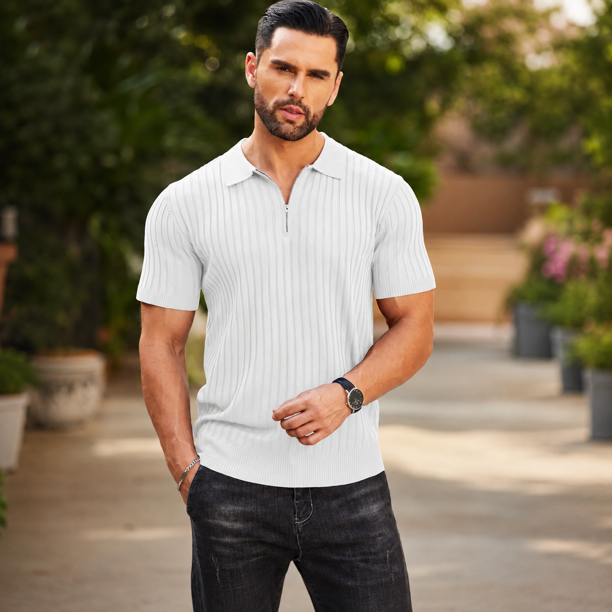 Zipper Ribbed Knit Short Sleeve Polo Shirt For Men