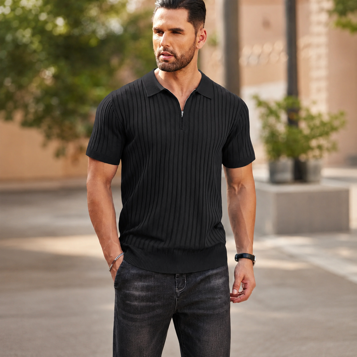 Zipper Ribbed Knit Short Sleeve Polo Shirt For Men
