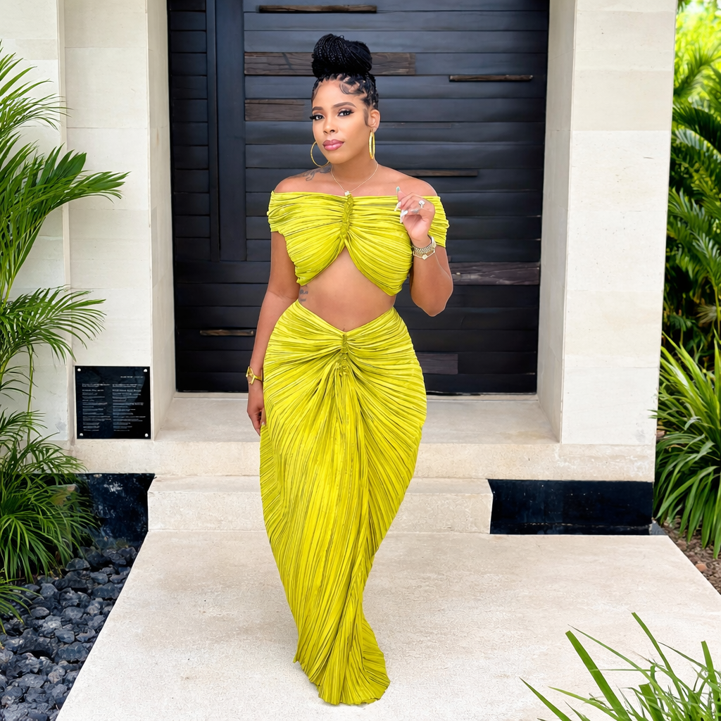 Design Fold Slash Off Shoulder Crop Top And Midi Skirt Two Piece Set