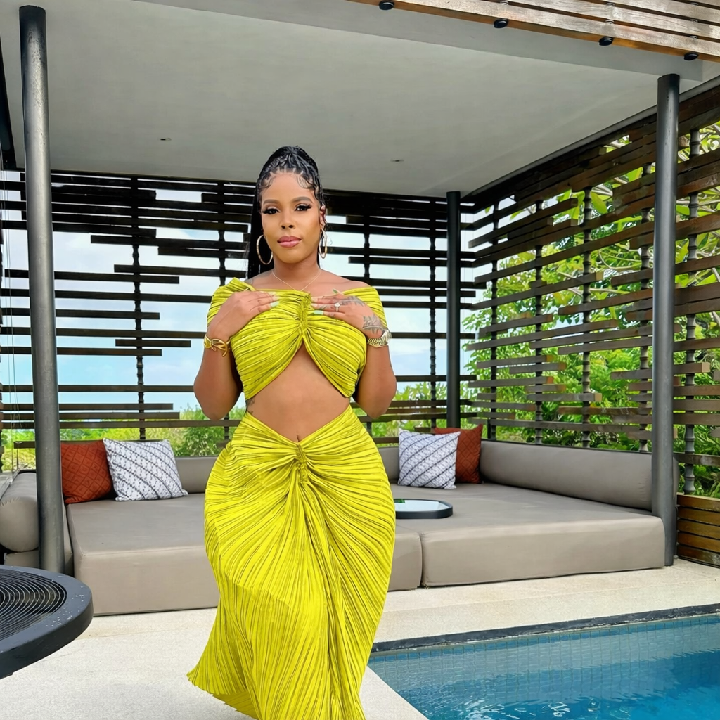 Design Fold Slash Off Shoulder Crop Top And Midi Skirt Two Piece Set