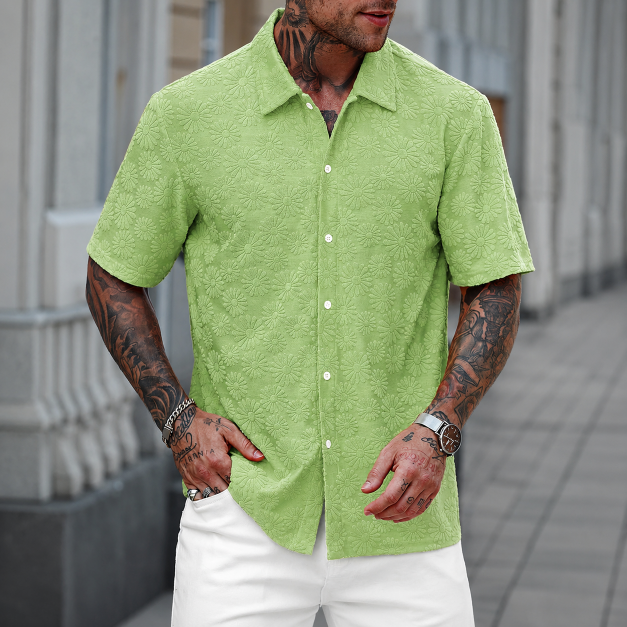 Casual Solid Colored Textured Jacquard Short Sleeve Shirt