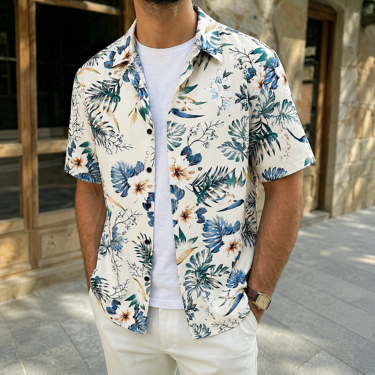 Geometric Print Short Sleeve Button Down Shirt