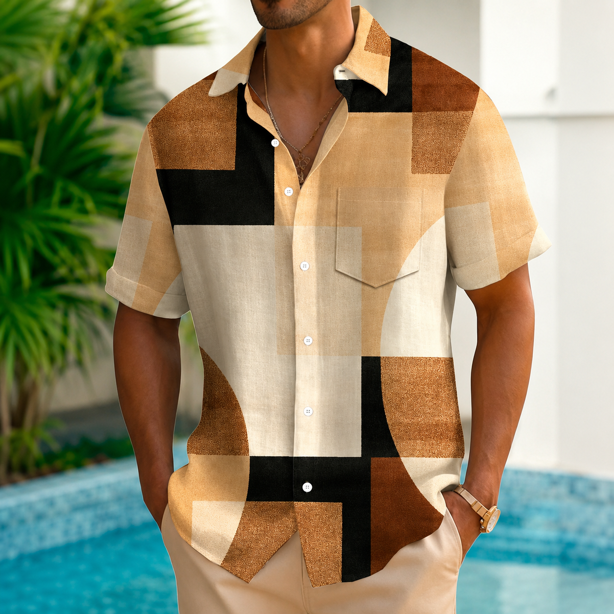 Geometric Sleeve Color Blocked Sleeve Shirt For Men