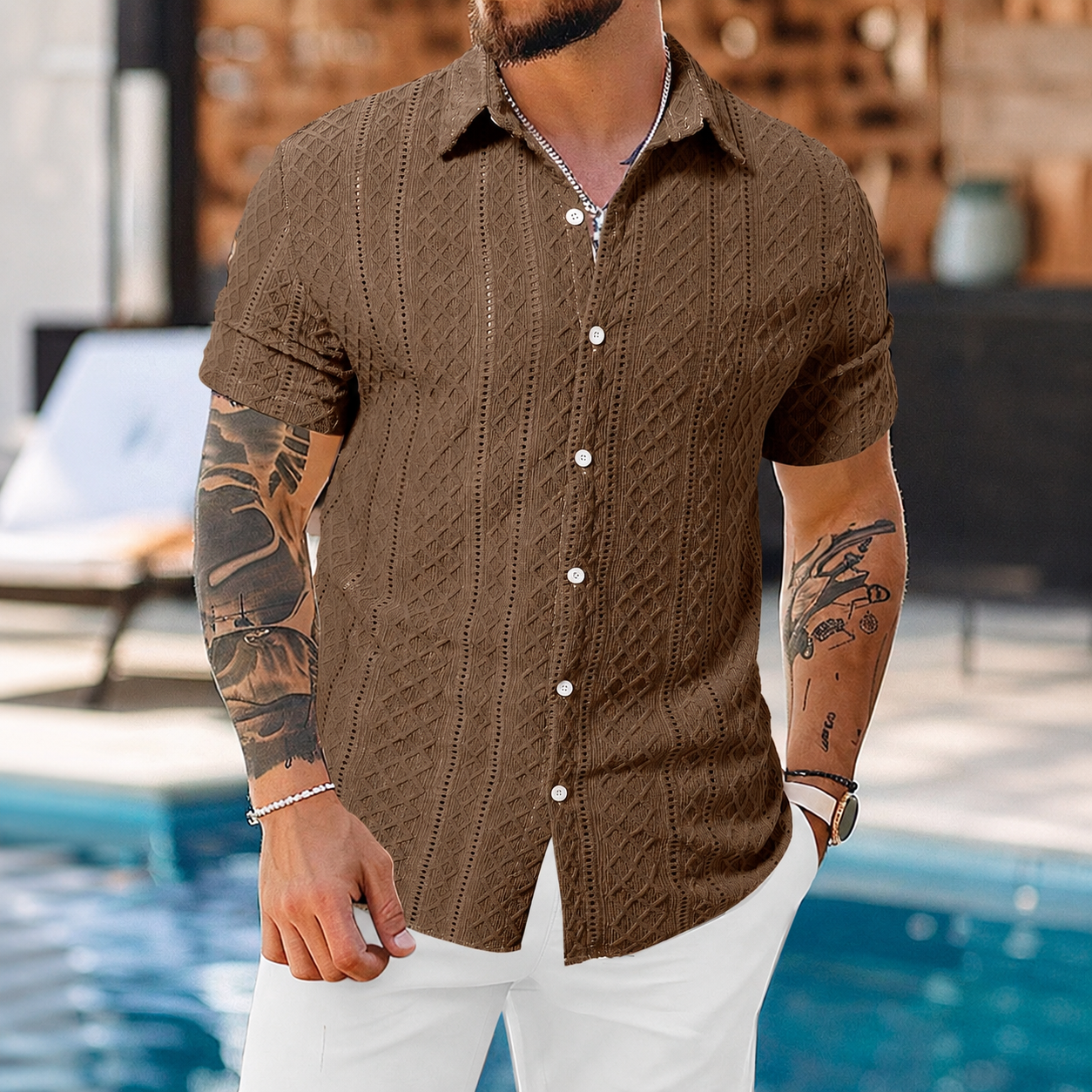 Casual Short Sleeve Textured Knit Shirt For Men
