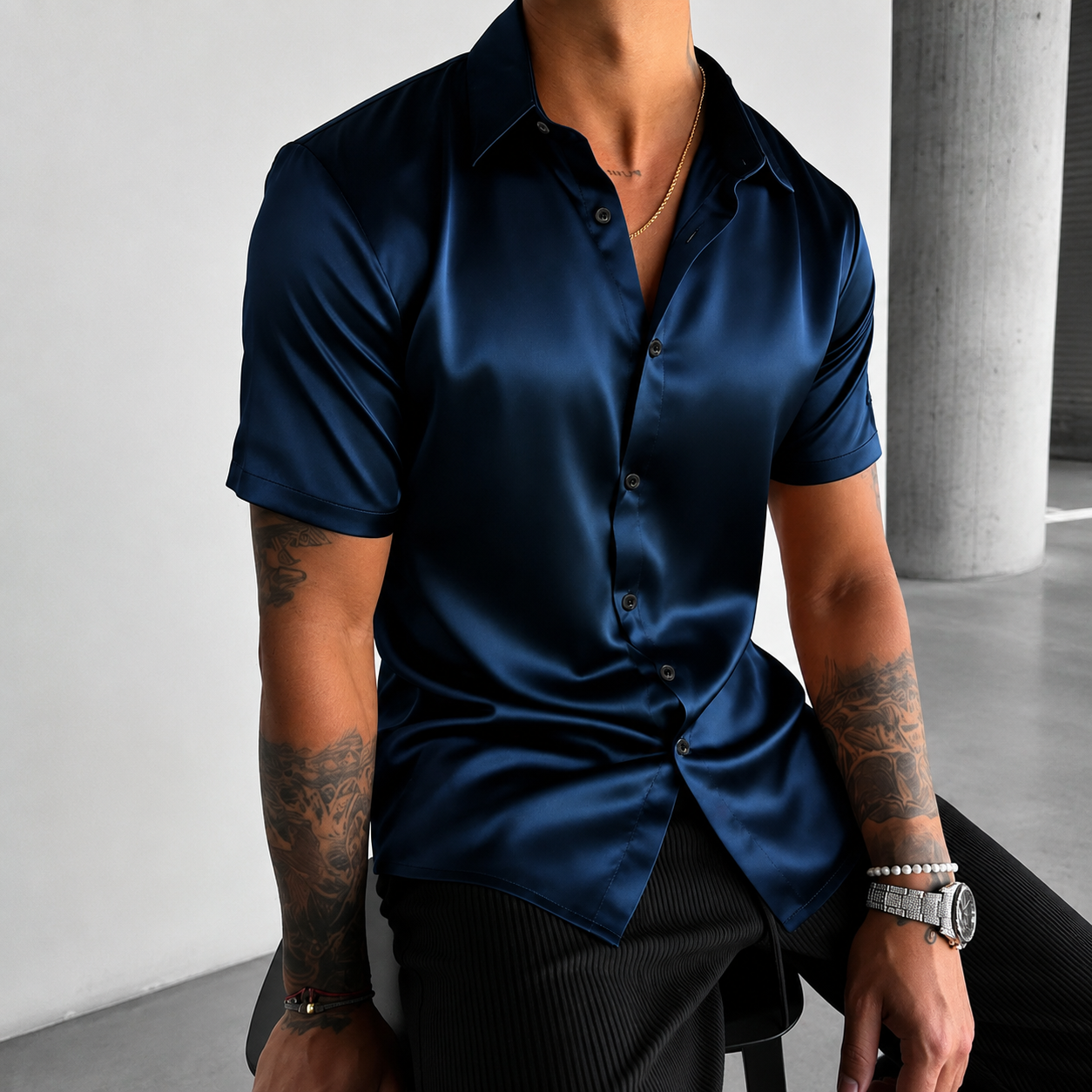 Casual Solid Satin Short Sleeve Shirt For Men