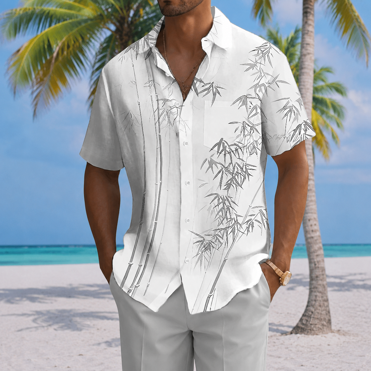 Vintage Bamboo Leaf Print Short Sleeve Shirt For Men