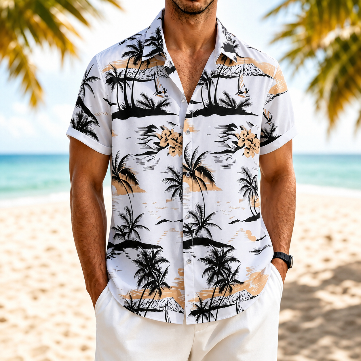Casual Vacation Palm Tree Printed Short Sleeve Beach Shirt For Men