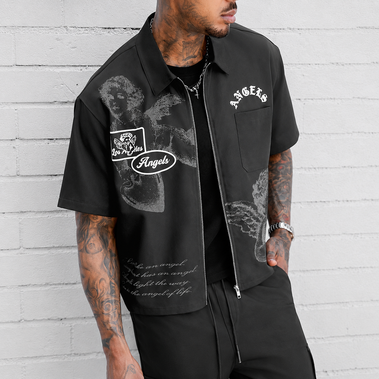 Graphic Front Zip Up Casual Short Sleeve Shirt