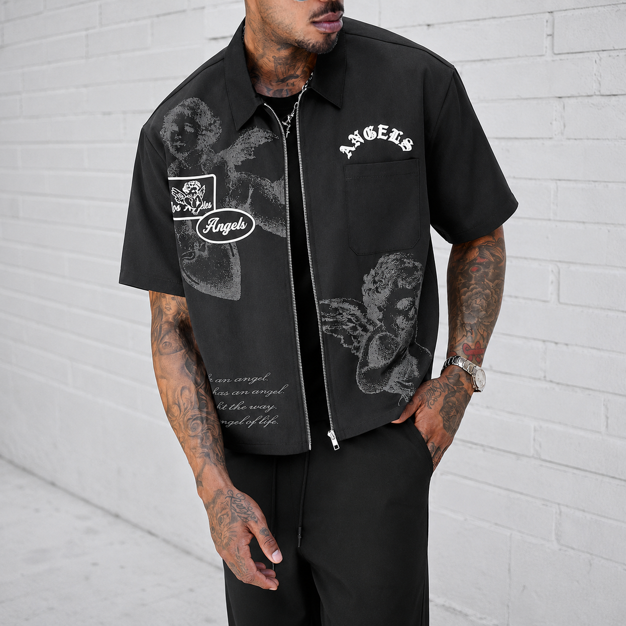 Graphic Front Zip Up Casual Short Sleeve Shirt