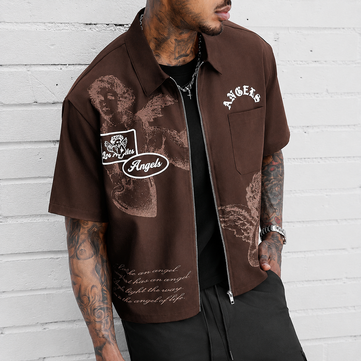 Graphic Front Zip Up Casual Short Sleeve Shirt