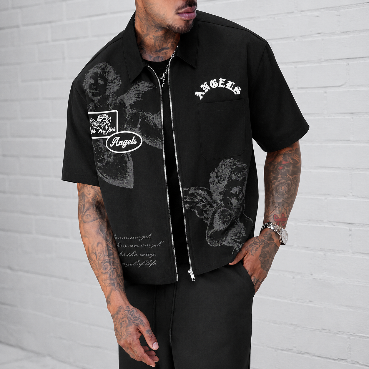 Graphic Front Zip Up Casual Short Sleeve Shirt