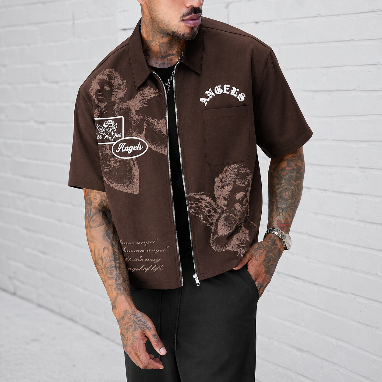 Graphic Front Zip Up Casual Short Sleeve Shirt