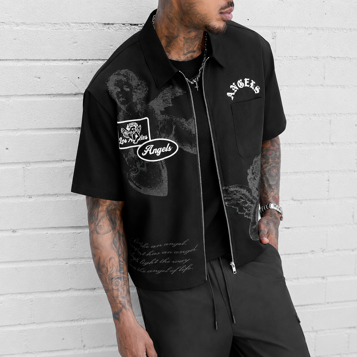 Graphic Front Zip Up Casual Short Sleeve Shirt