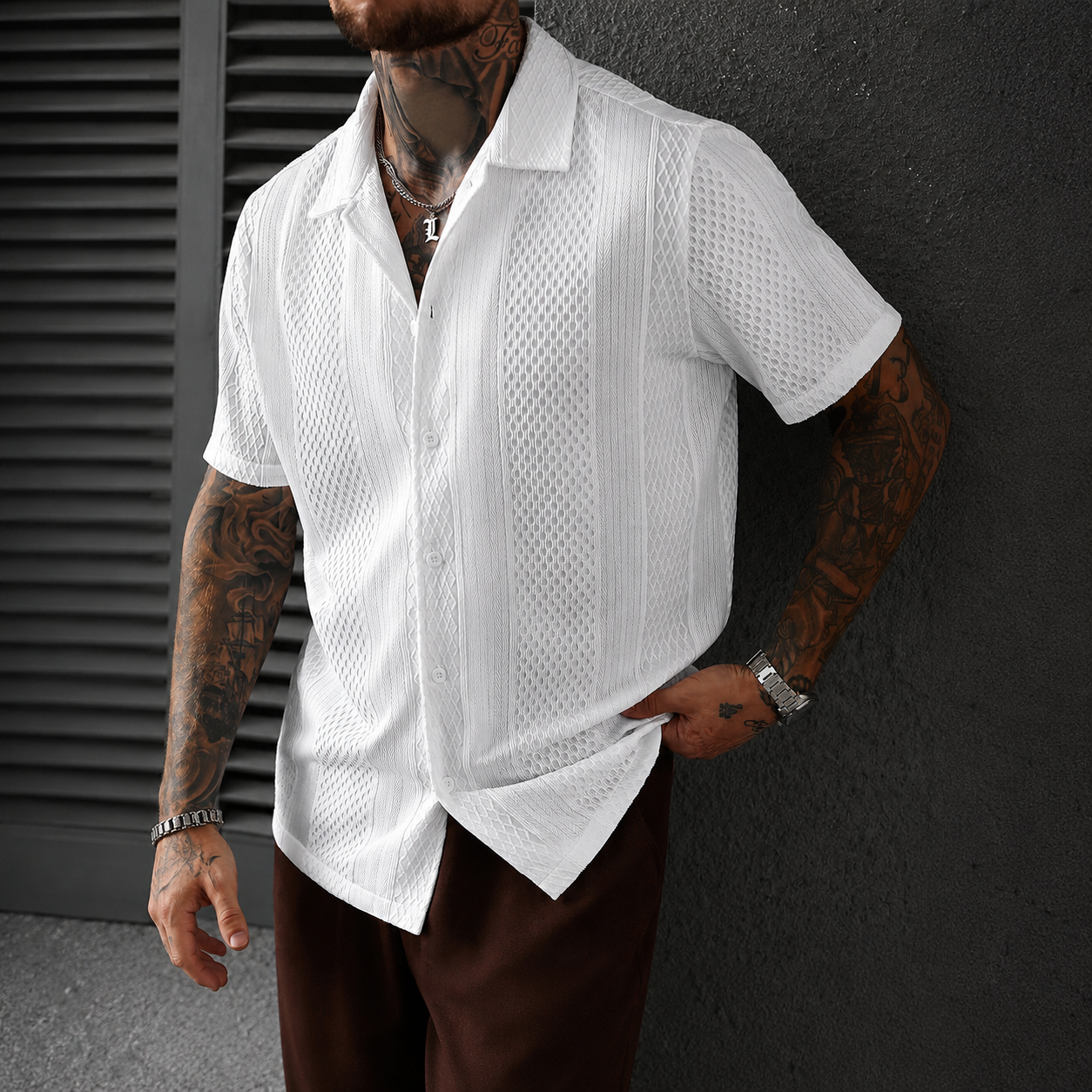 Casual Knitted Short Sleeve Button Up Shirt For Men