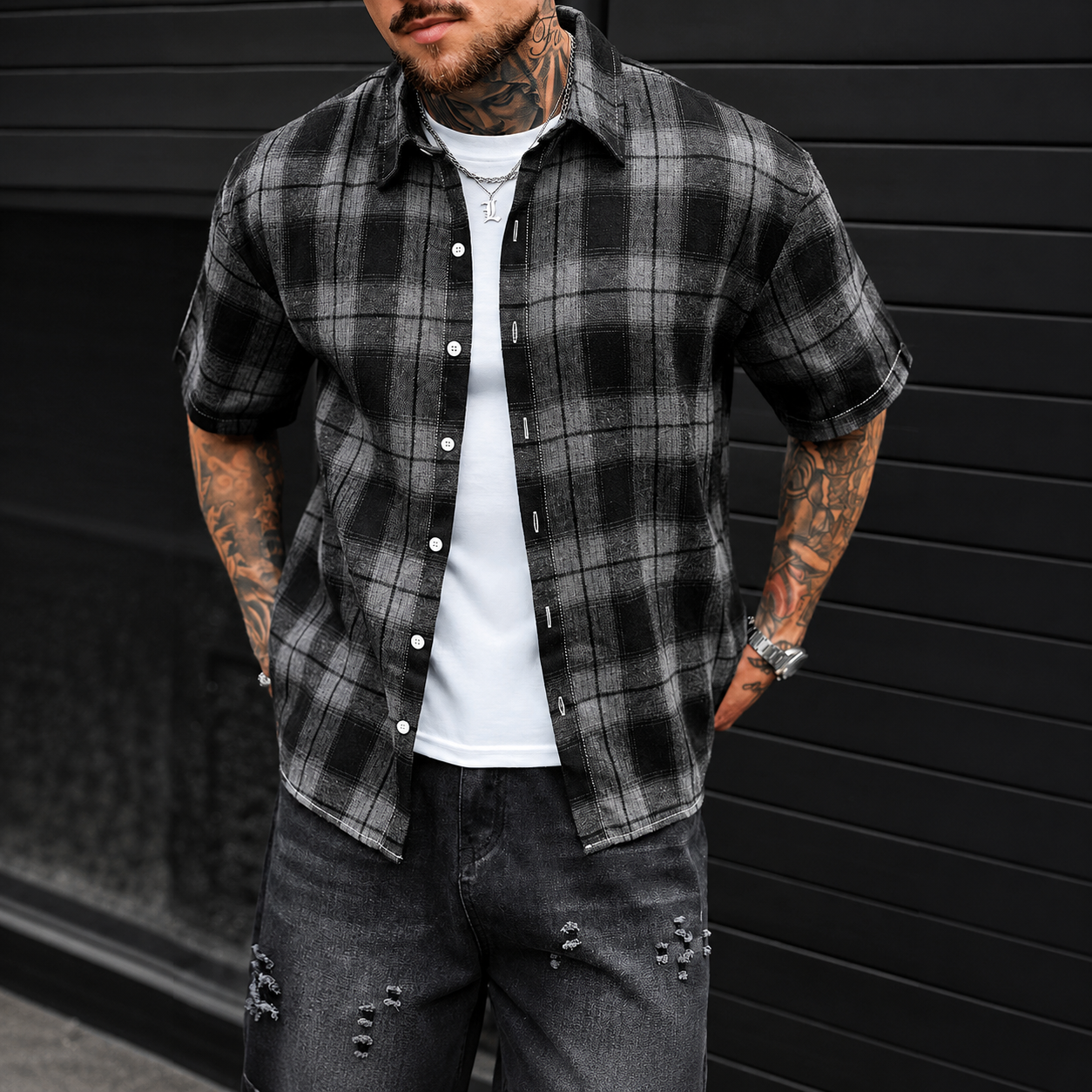 Men Plaid Summer Streetwear Vintage Flannels Short Sleeve Casual Shirt