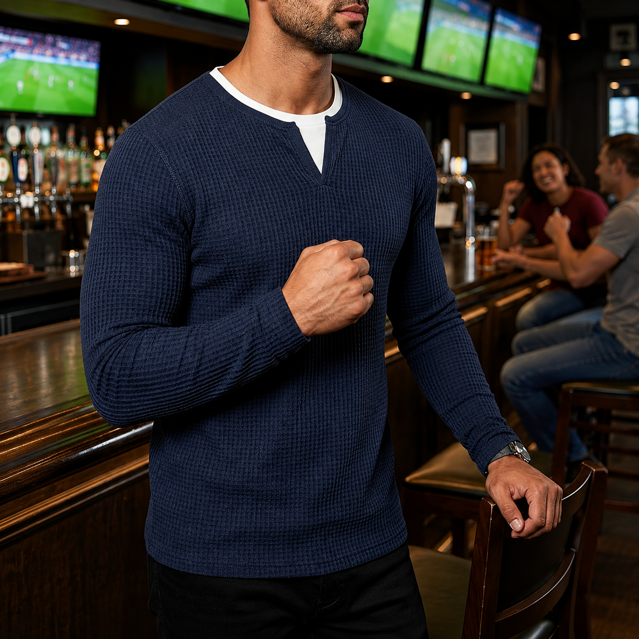 Textured Casual Wear Two in One Long Sleeve Henley Tshirt for Men