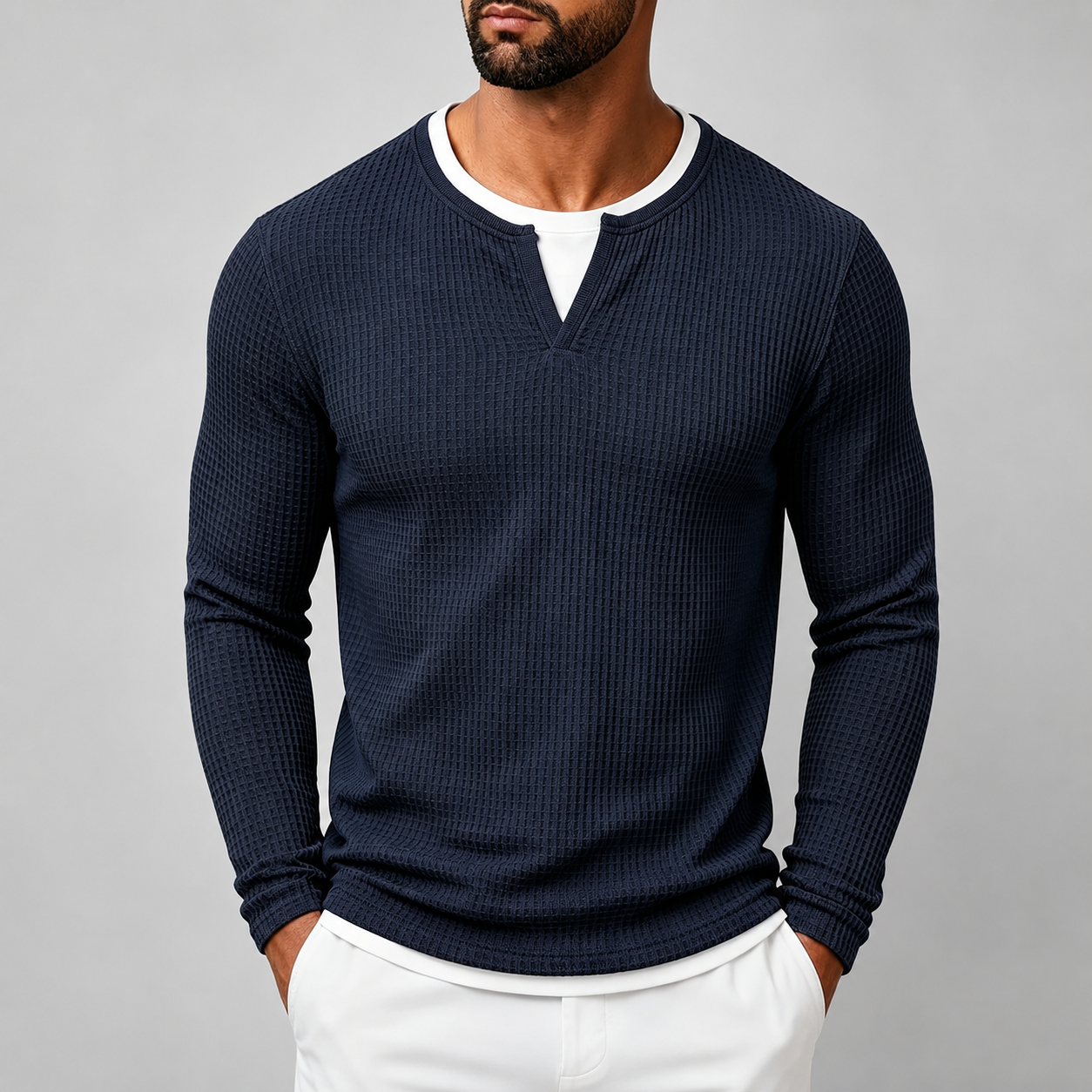 Textured Casual Wear Two in One Long Sleeve Henley Tshirt for Men