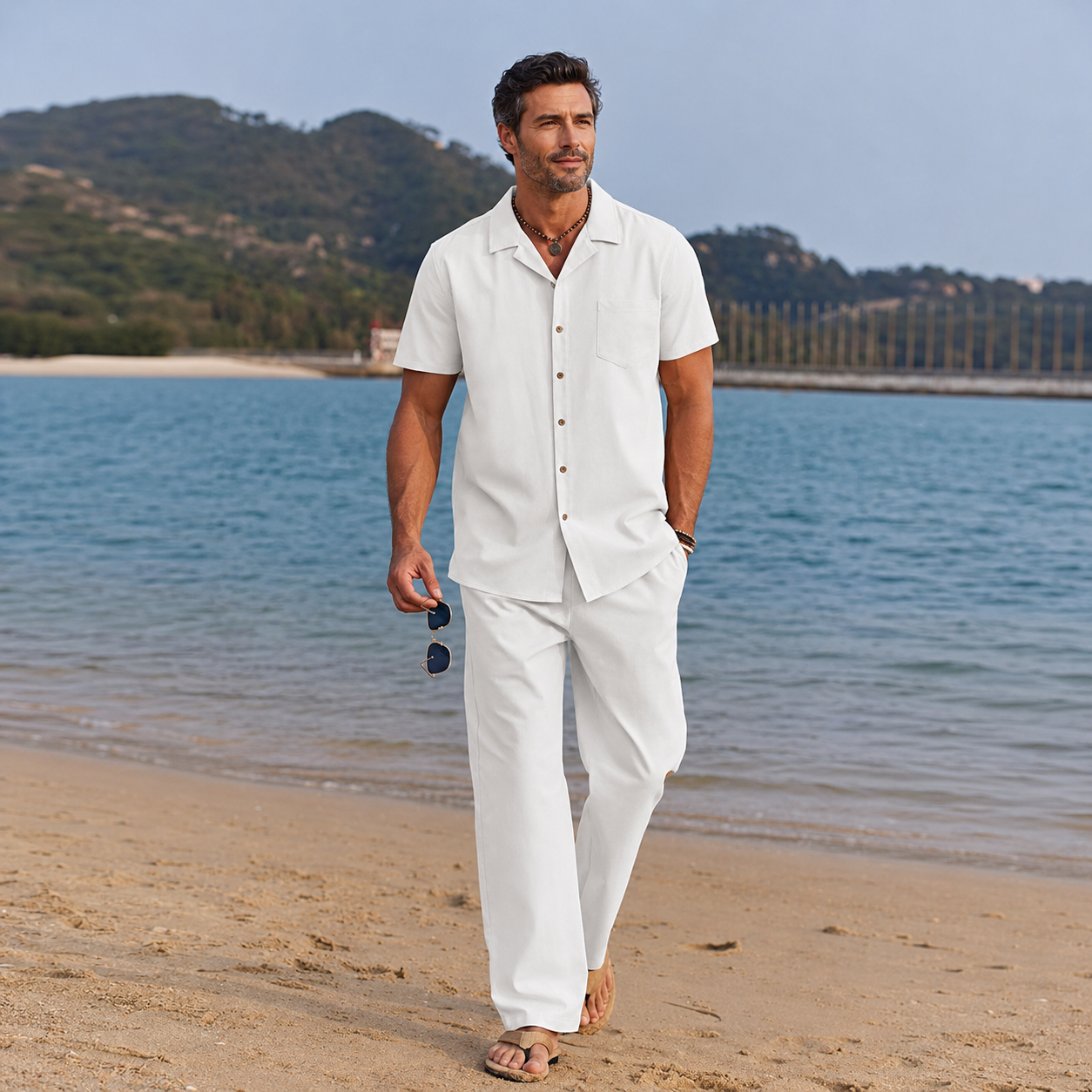 Casual Linen Button Down Shirt and Loose Pant Beach Outfit Set For Men