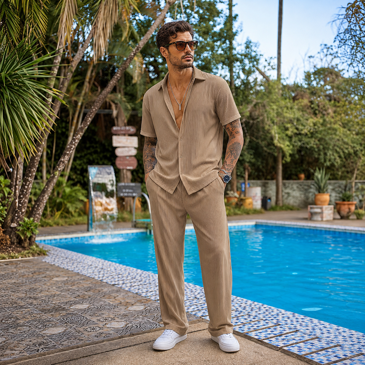 Short Sleeve Button Down Shirt And Short Set For Men