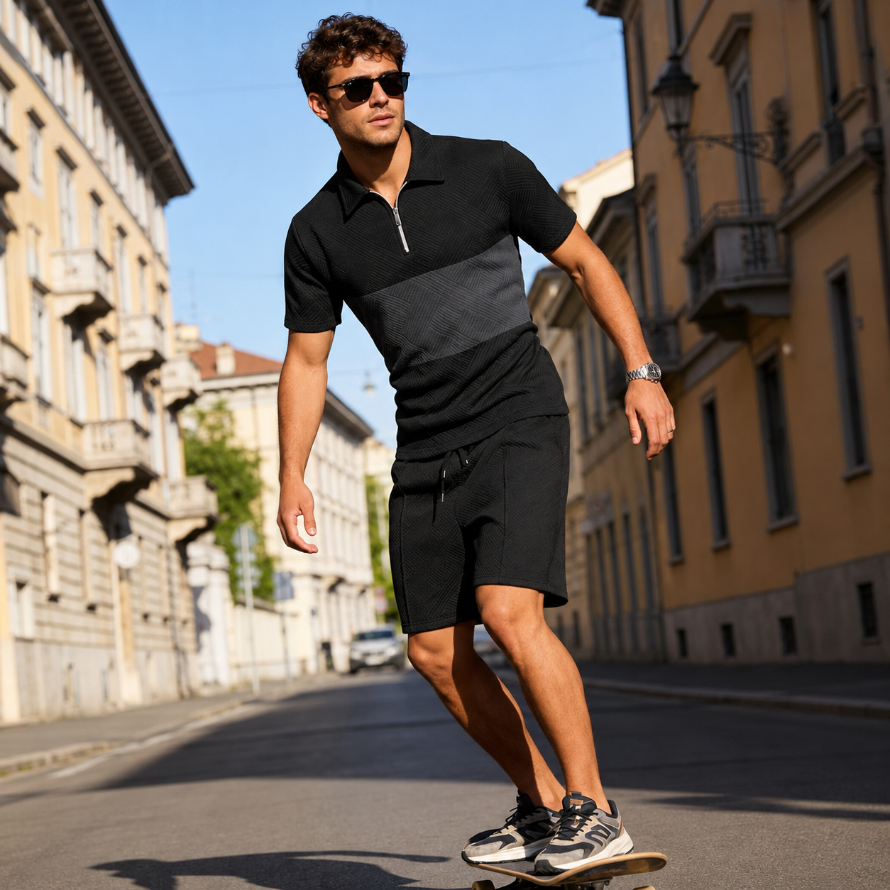 Summer Track Short Sleeve Suit Set With Zip For Men