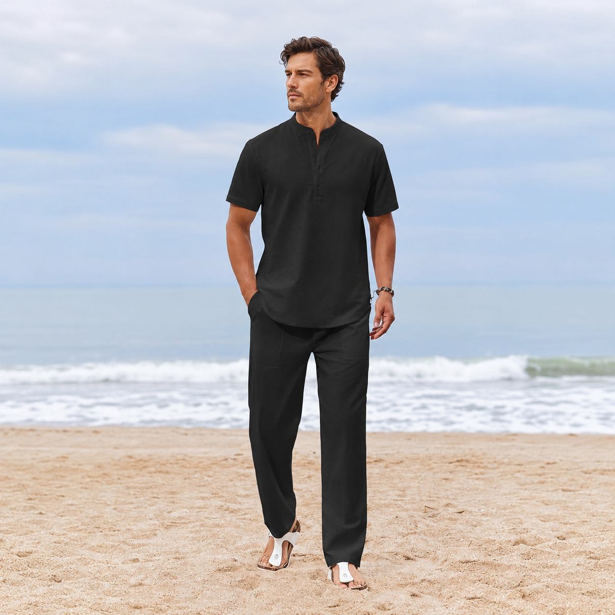 Casual Short Sleeve Shirt And Beach Pant Set For Men