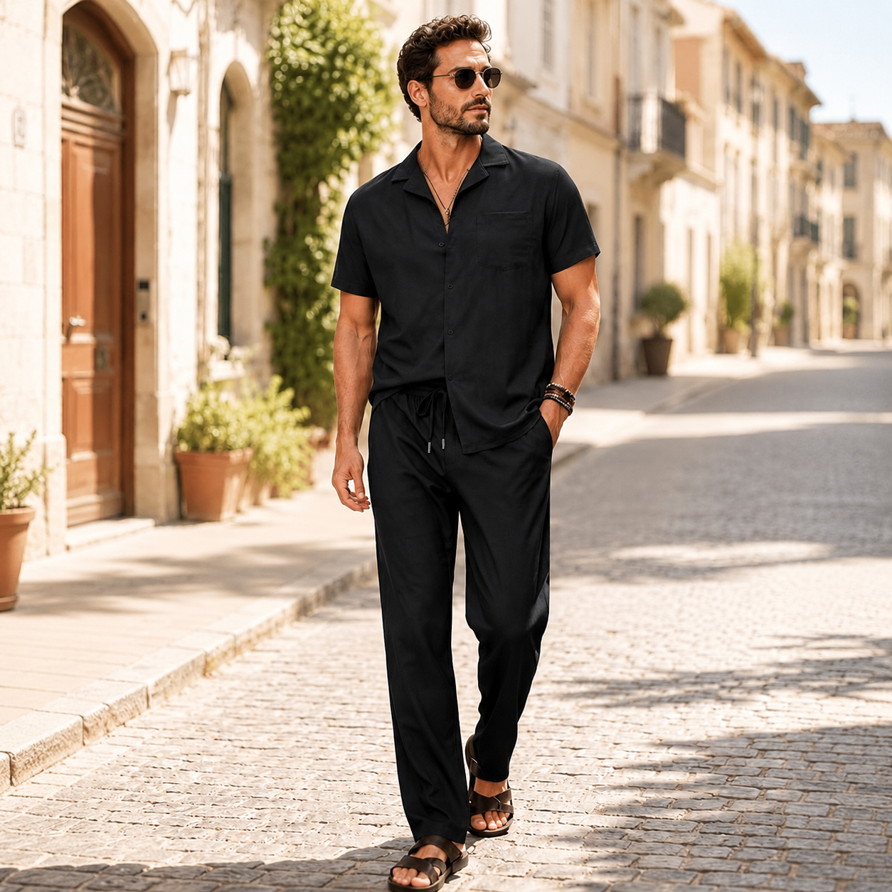Casual Beach Short Sleeve Shirt And Pant Set For Men