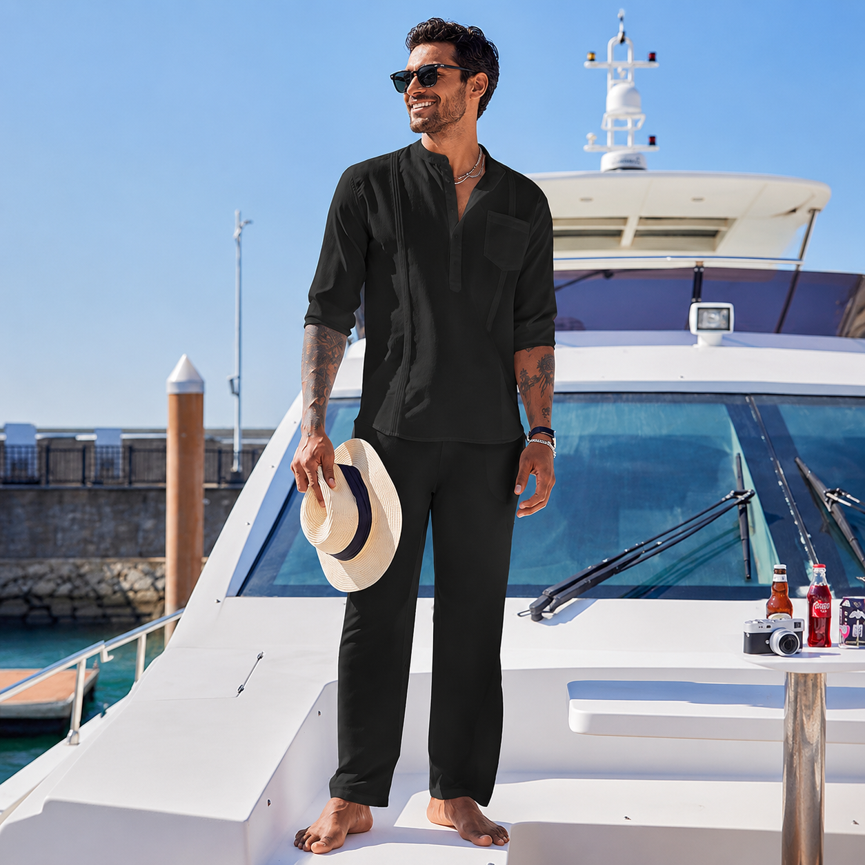 Casual Long Sleeve Loose Beach Shirt And Pant Set For Men
