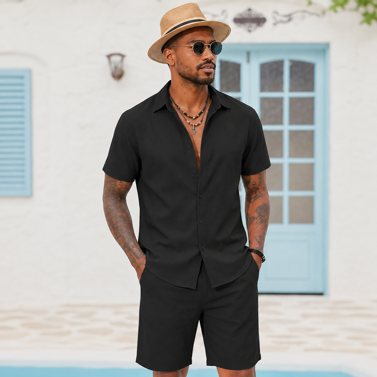 Casual Cotton Linen Summer Beach Wear Shirt And Short Set For Men