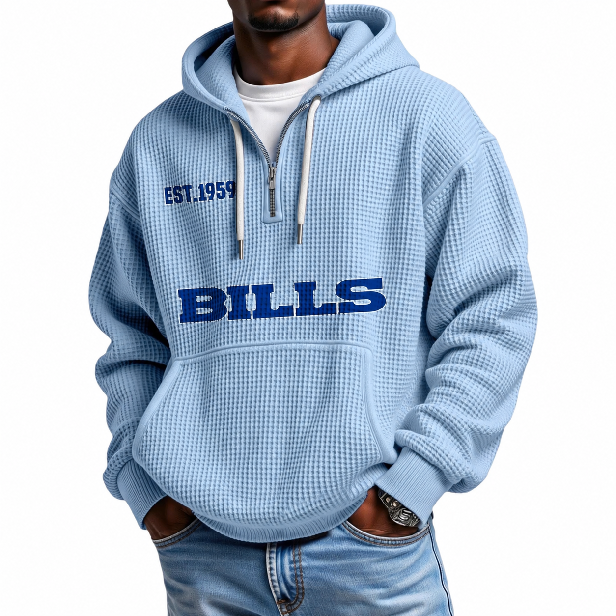 Buffalo Bills EST 1959 Printed Waffle Quarter Zip Football Fan Hoodie