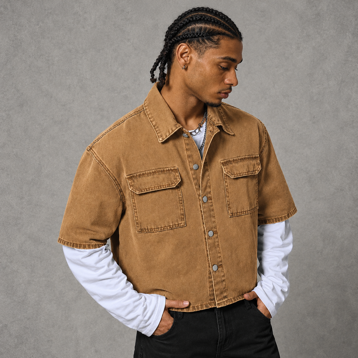 Slogan Print Short Sleeve Denim Shirt With Utility Pocket For Men