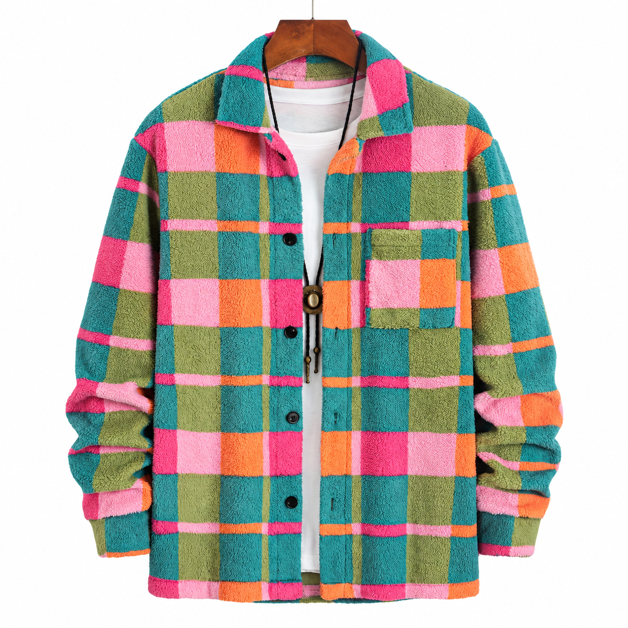 Color Block Plaid Fleece Button Up Casual Jacket For Men