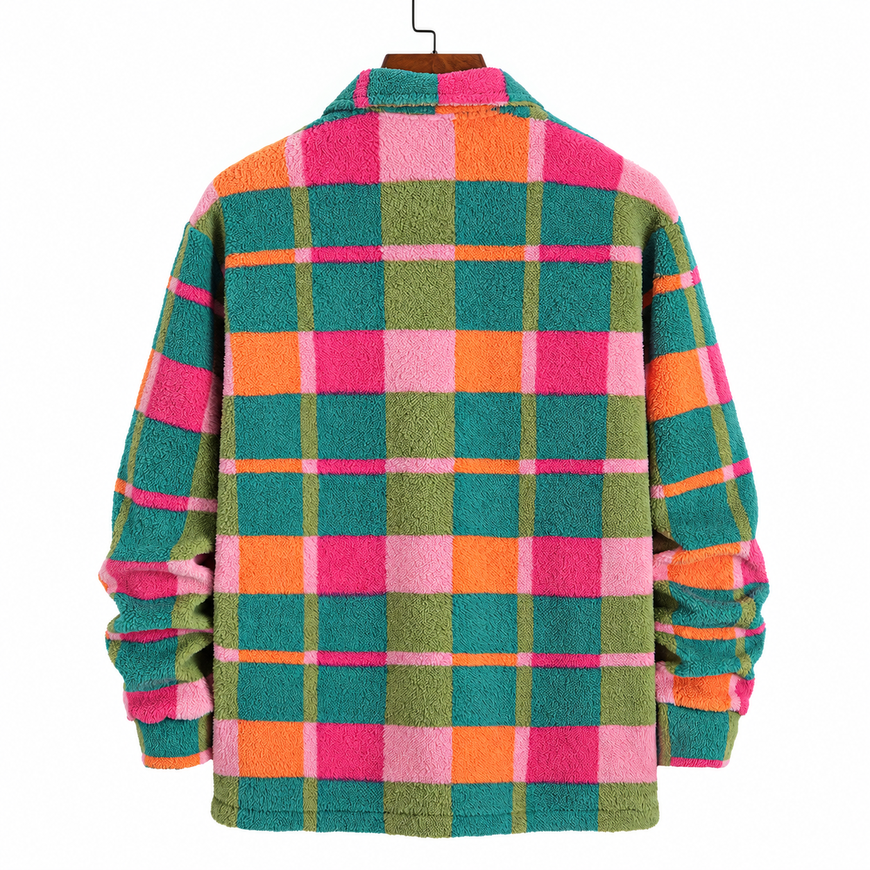 Color Block Plaid Fleece Button Up Casual Jacket For Men