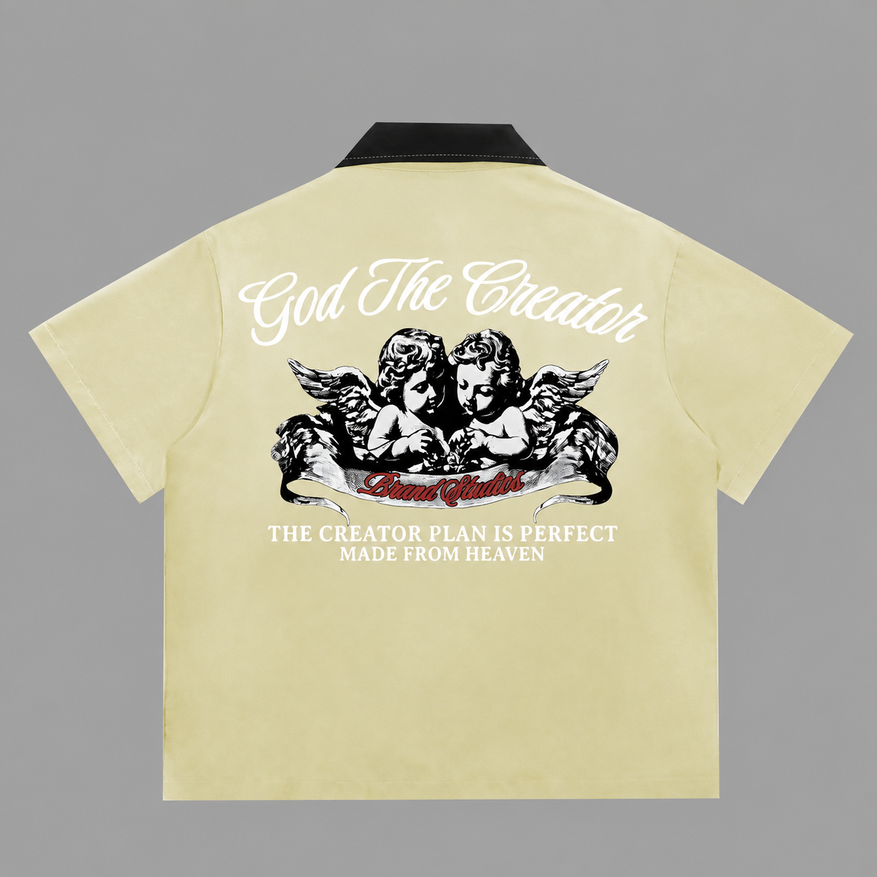 Vintage Cherub Graphic Short Sleeve Zip Up Casual Shirt for Men