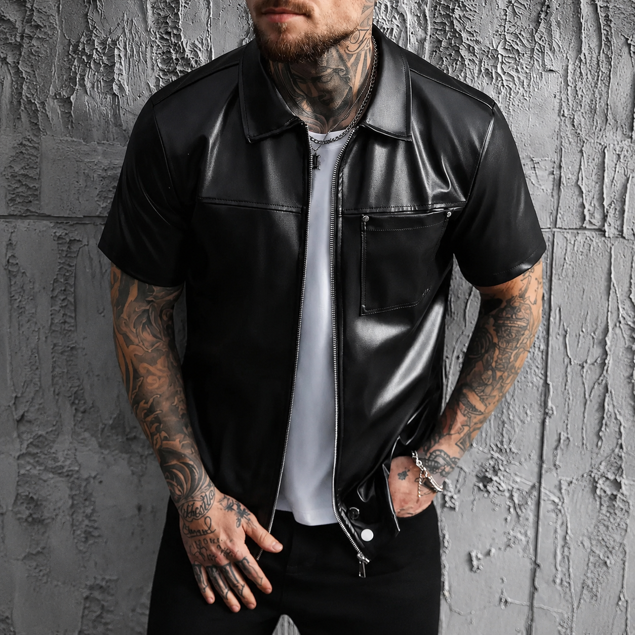 Loose Fit Short Sleeve Zip Up Streetwear Shirt for Men