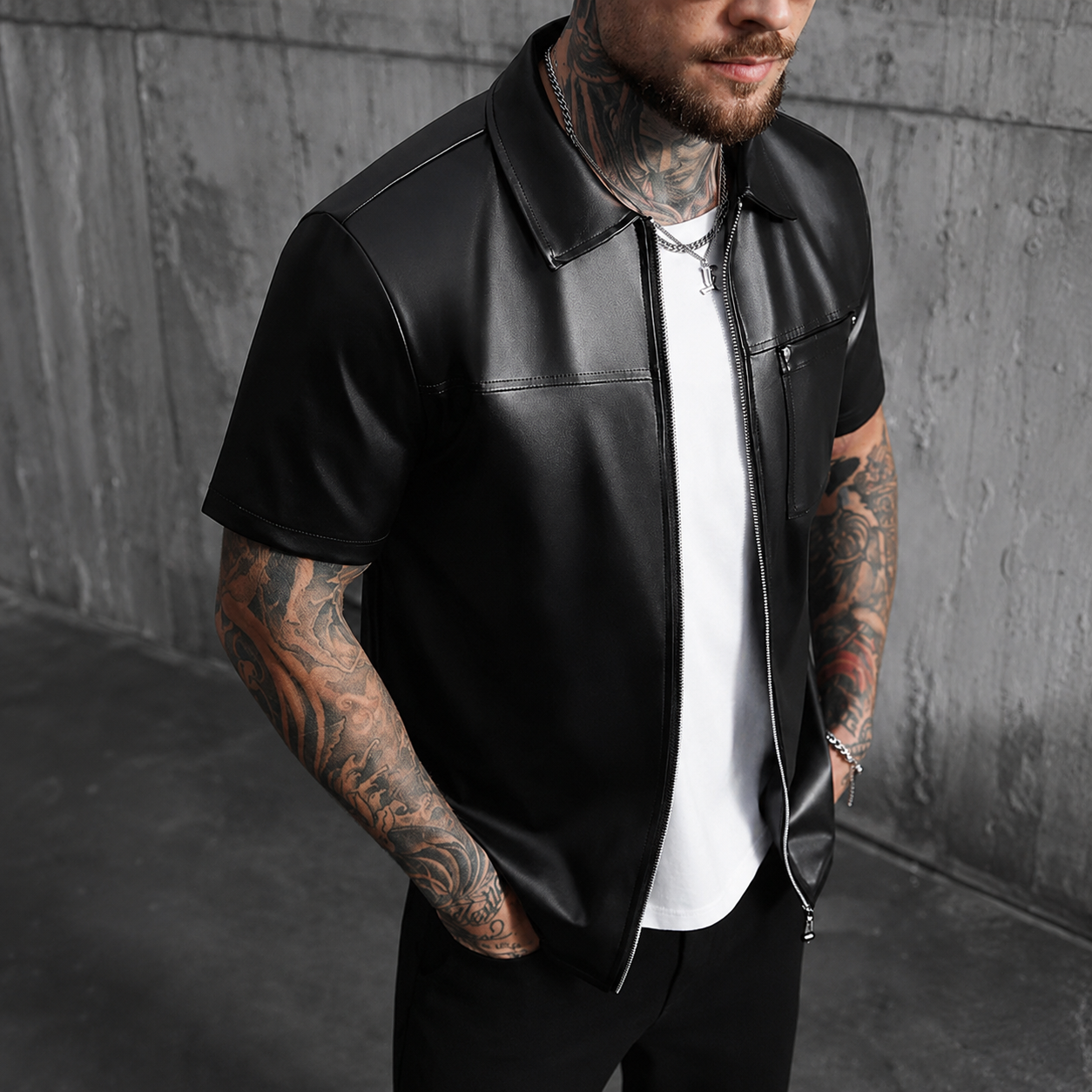 Loose Fit Short Sleeve Zip Up Streetwear Shirt for Men