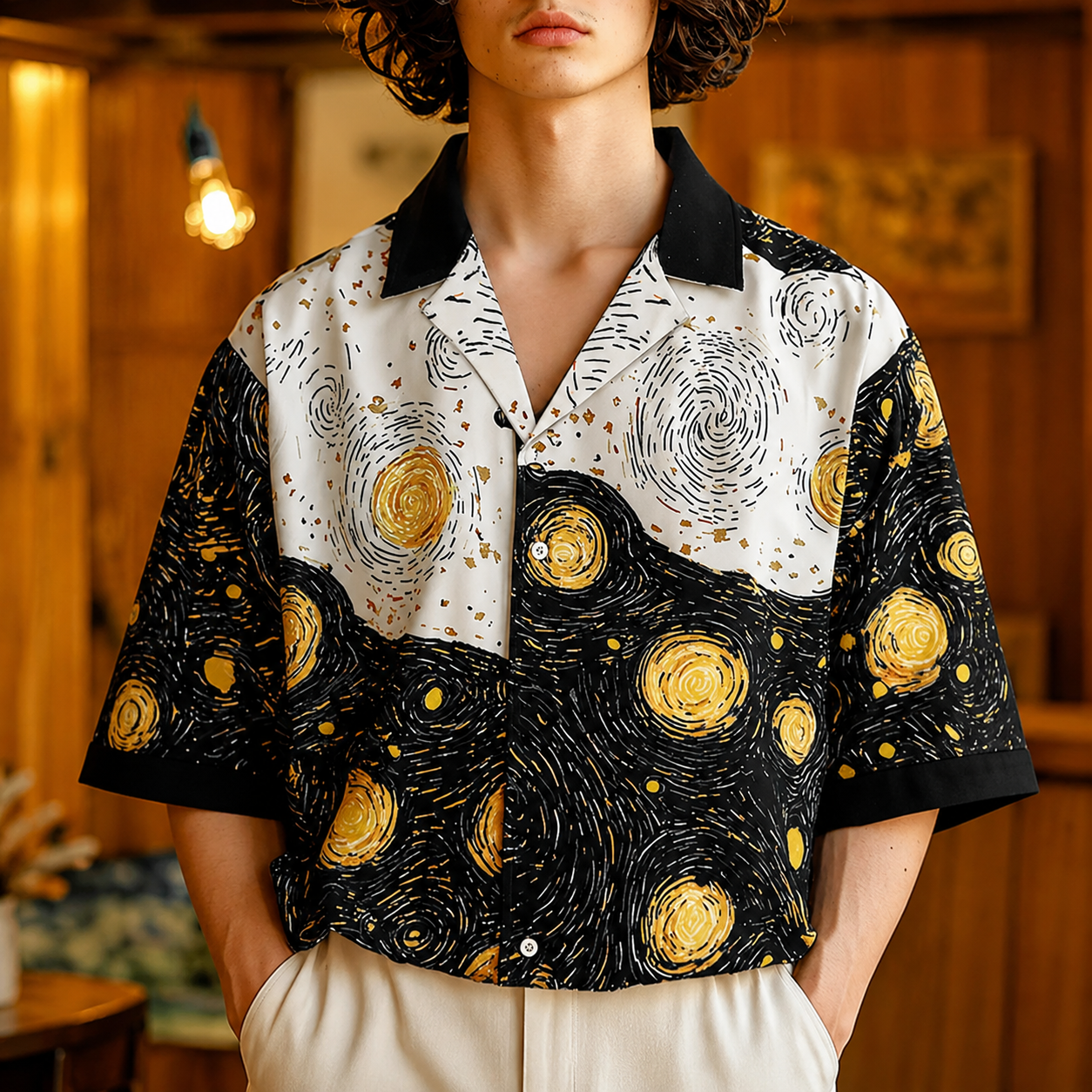 Starry Art Print Short Sleeve Casual Shirt with Everyday Style for Men