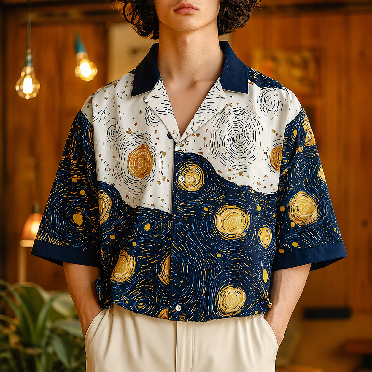 Starry Art Print Short Sleeve Casual Shirt with Everyday Style for Men