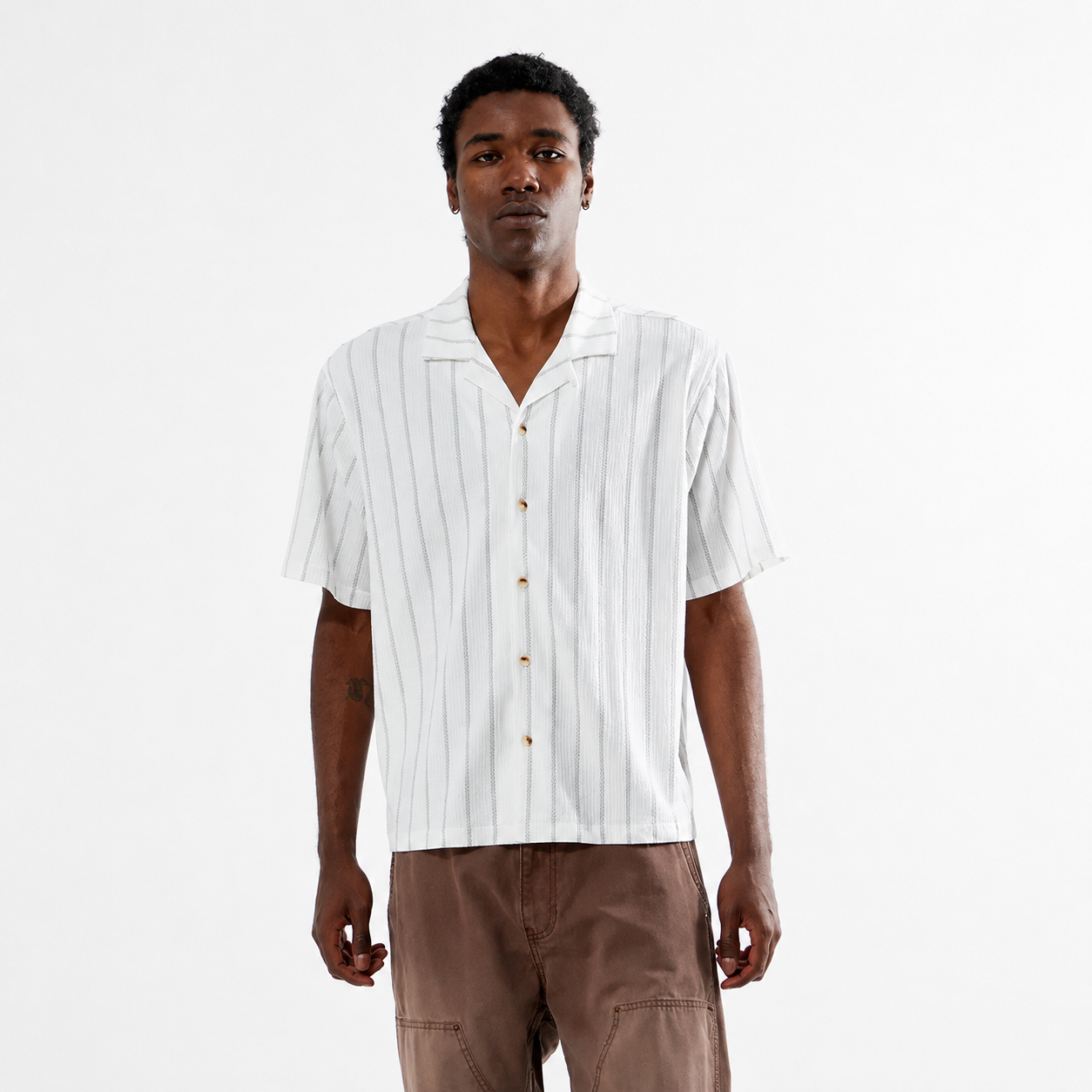 Oversized Striped Short Sleeve Camp Collar Shirt for Men
