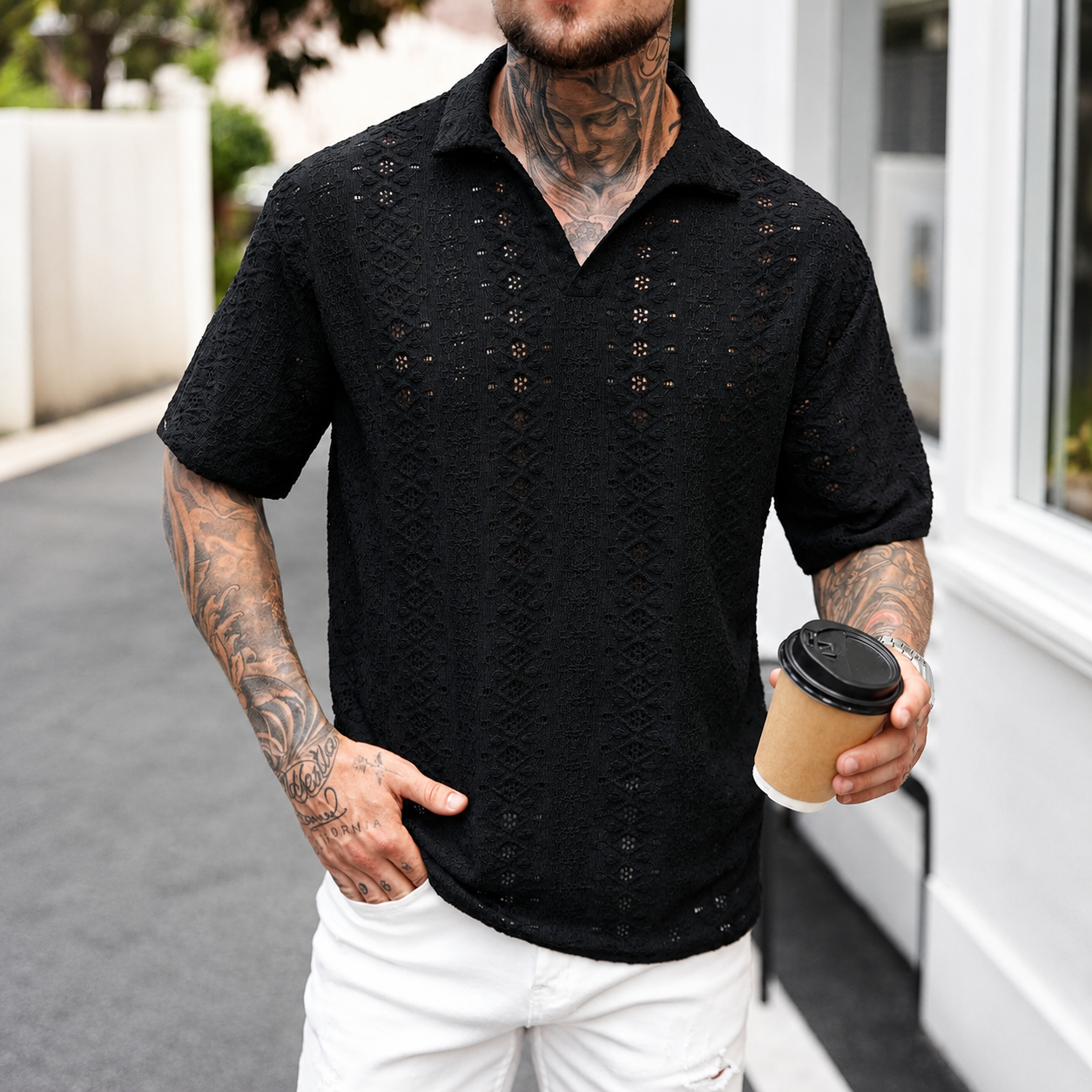 Textured Jacquard Short Sleeve Polo Shirt with Casual Vacation Style For Men