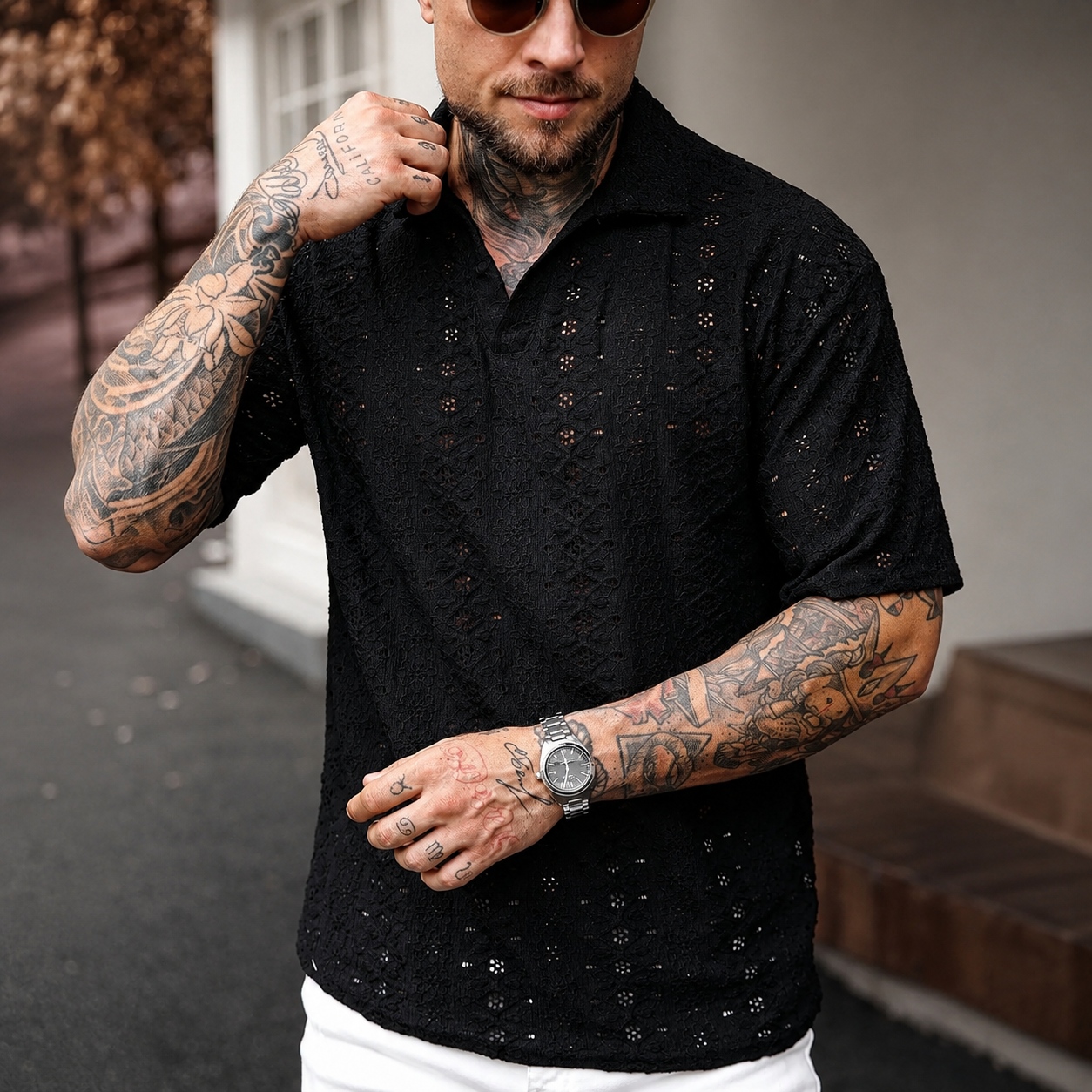 Textured Jacquard Short Sleeve Polo Shirt with Casual Vacation Style For Men