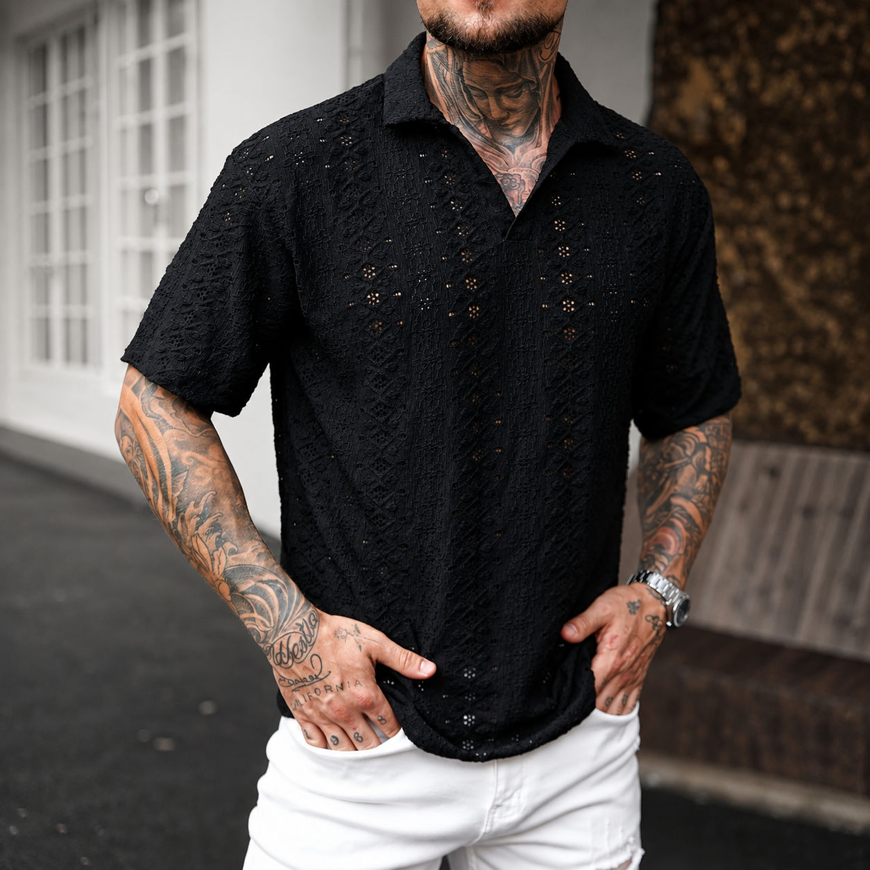 Textured Jacquard Short Sleeve Polo Shirt with Casual Vacation Style For Men