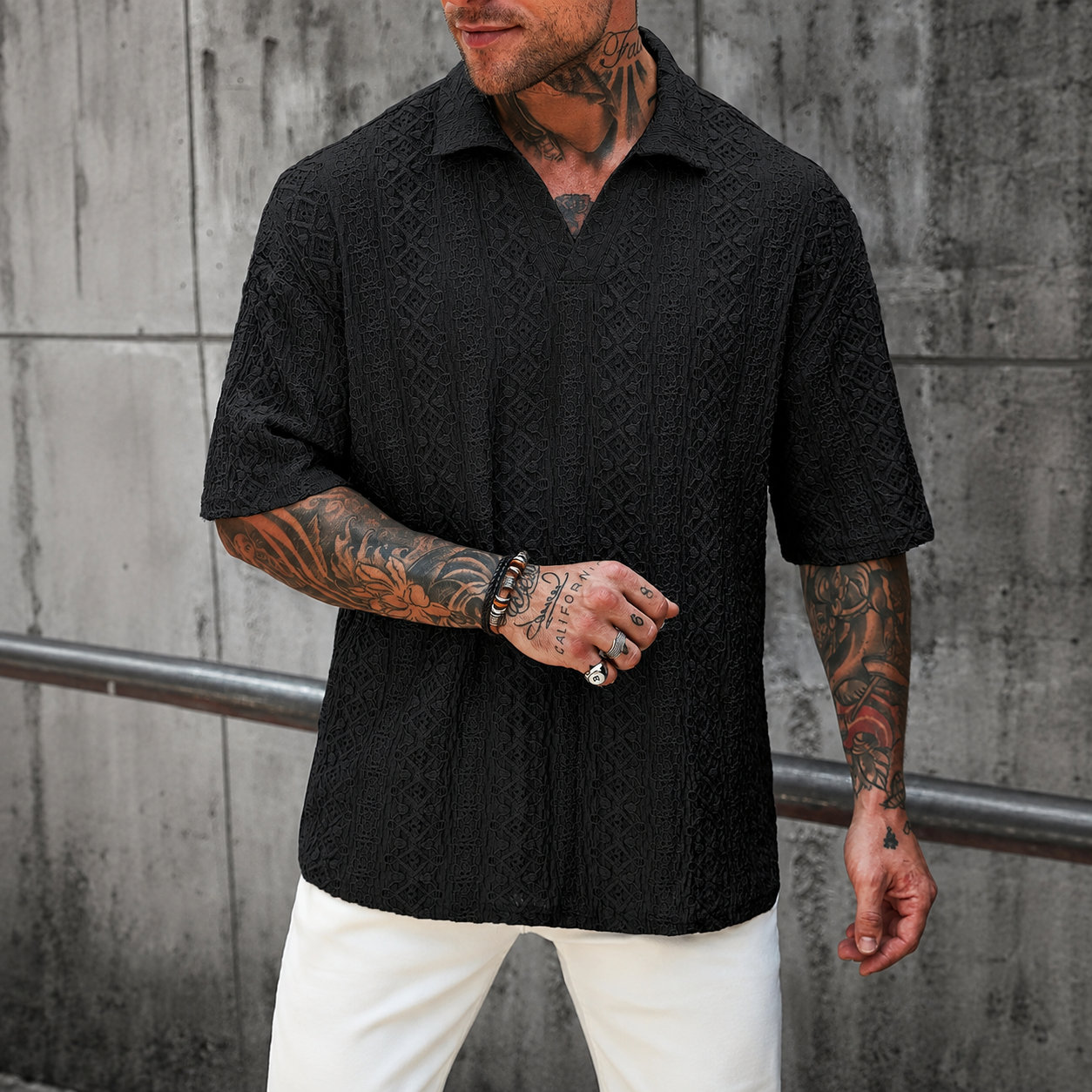 Textured Jacquard Short Sleeve Polo Shirt with Casual Vacation Style For Men