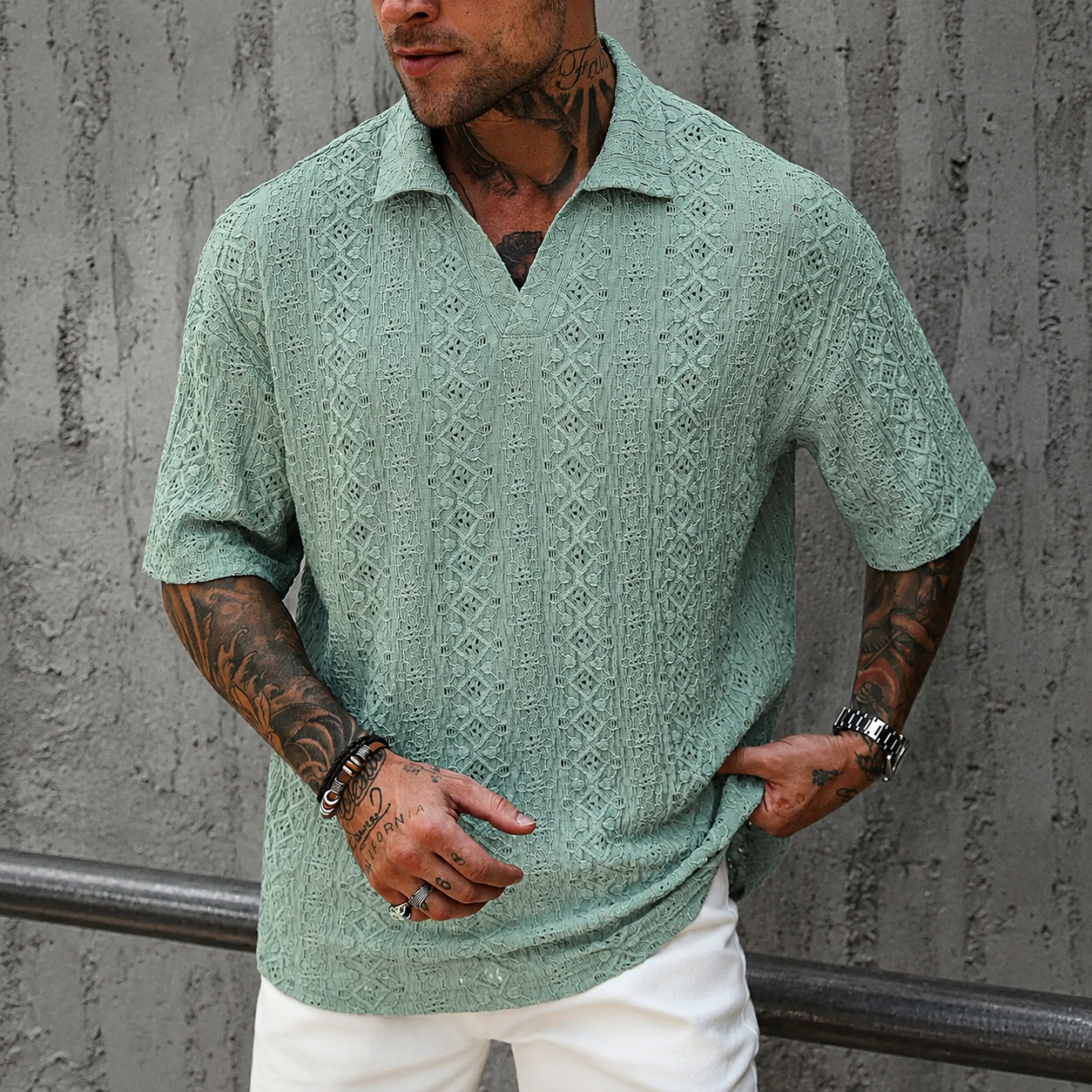 Textured Jacquard Short Sleeve Polo Shirt with Casual Vacation Style For Men
