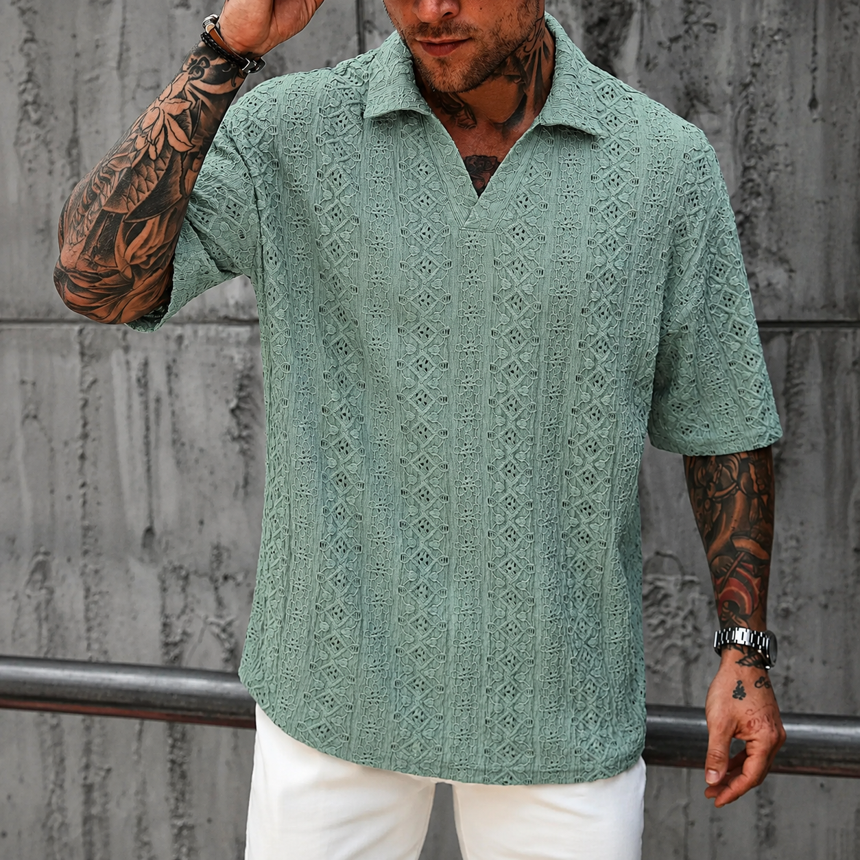 Textured Jacquard Short Sleeve Polo Shirt with Casual Vacation Style For Men