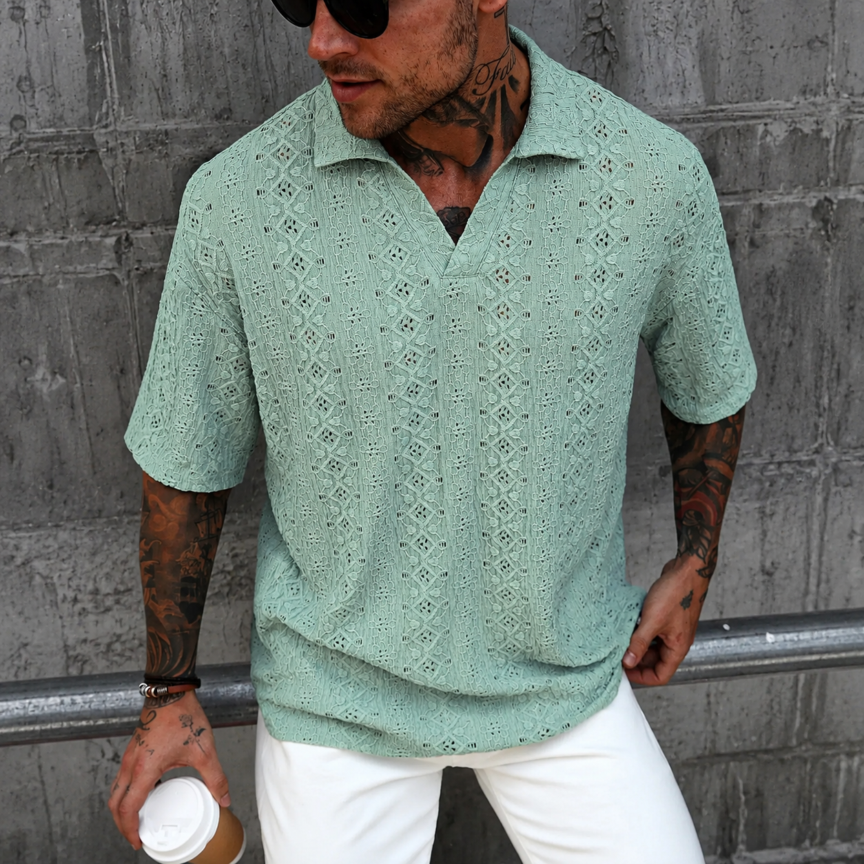 Textured Jacquard Short Sleeve Polo Shirt with Casual Vacation Style For Men