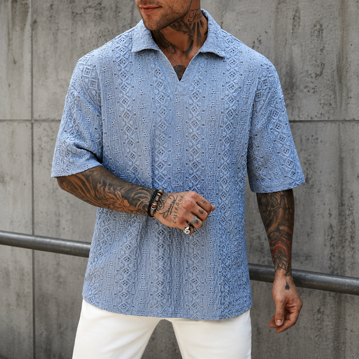 Textured Jacquard Short Sleeve Polo Shirt with Casual Vacation Style For Men